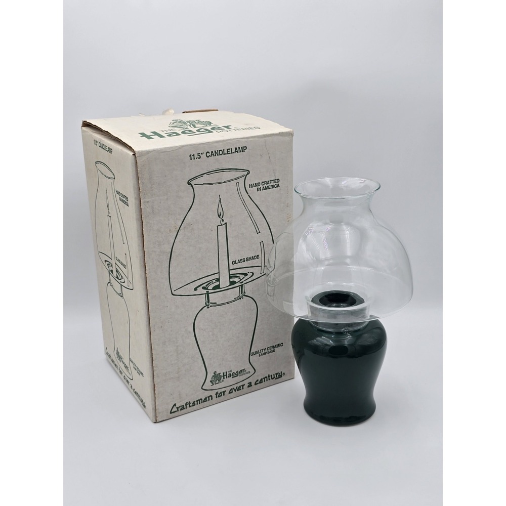 Haeger Pottery Hurricane Candle Holder Lamp Green Glass Shade‎ In Box Vtg